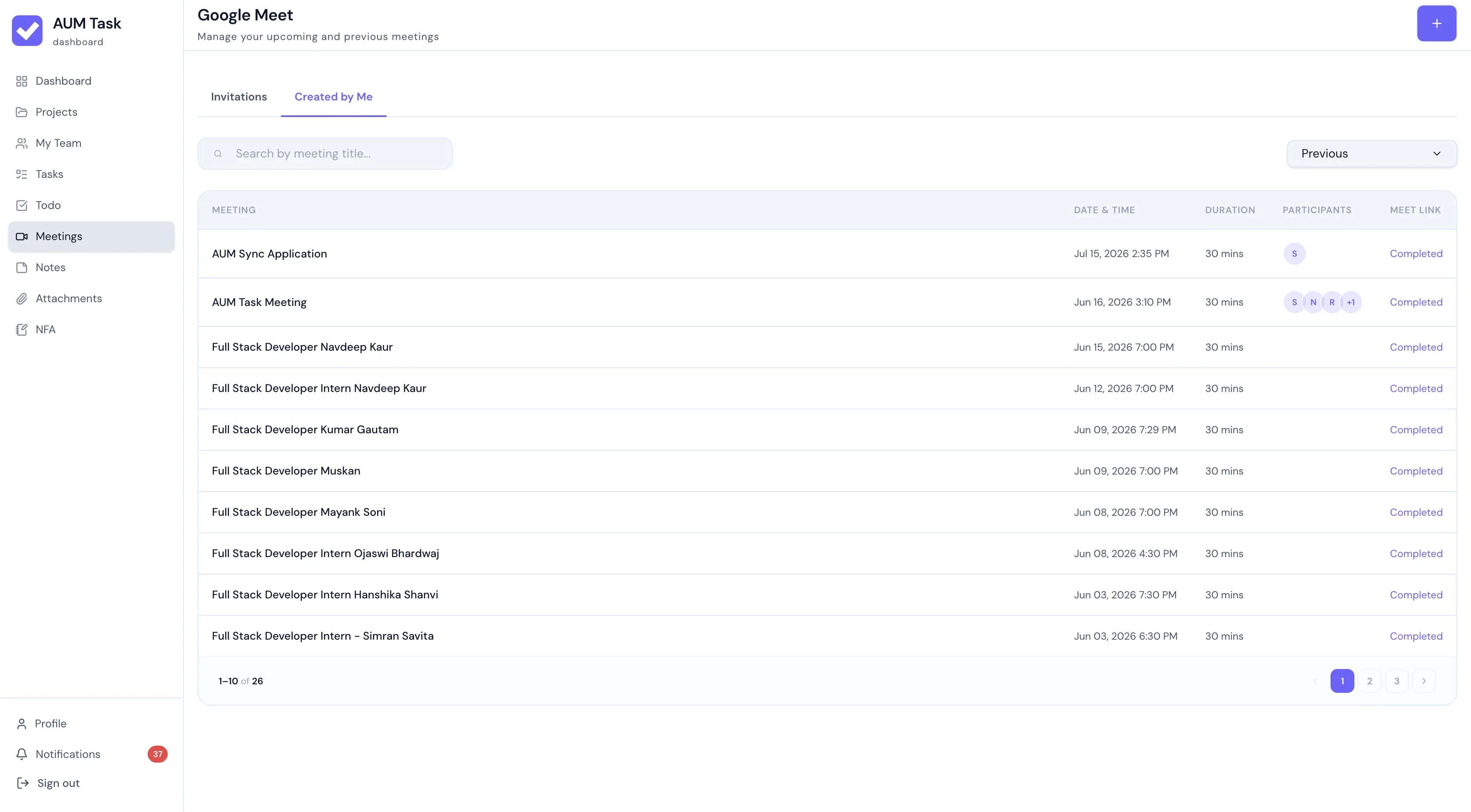 AUM Task Minutes of Meeting (MoM) Overview